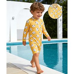 Babyhug Raglan Half Sleeves Animal Printed Legged Swimsuit - Yellow