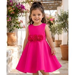 Babyhug Woven Sleeveless Scuba Fabric with Cotton Lining Party Dress with Corsage Detailing - Neon Pink