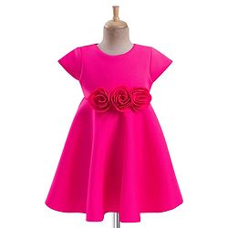 Babyhug Woven Sleeveless Scuba Fabric with Cotton Lining Party Dress with Corsage Detailing - Neon Pink