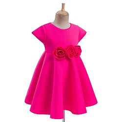 Babyhug Woven Sleeveless Scuba Fabric with Cotton Lining Party Dress with Corsage Detailing - Neon Pink