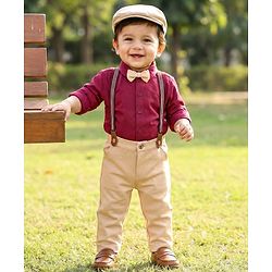 Babyhug Knit Half Sleeves Solid Party Shirt & Trouser Set With Bow Suspender & Cap - Maroon