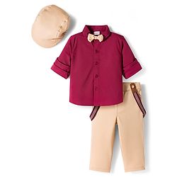 Babyhug Knit Half Sleeves Solid Party Shirt & Trouser Set With Bow Suspender & Cap - Maroon