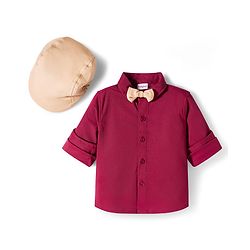 Babyhug Knit Half Sleeves Solid Party Shirt & Trouser Set With Bow Suspender & Cap - Maroon