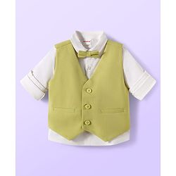 Babyhug Cotton Blend Woven Full Sleeves Solid 3 Piece Party Suit With Bow - Light Green & White