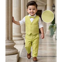 Babyhug Cotton Blend Woven Full Sleeves Solid 3 Piece Party Suit With Bow - Light Green & White