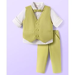 Babyhug Cotton Blend Woven Full Sleeves Solid 3 Piece Party Suit With Bow - Light Green & White