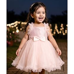 Babyhug Woven Sleeveless 5 Layer Party Dress with Sequin Detailing - Peach