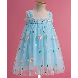 Babyhug Soft Mesh Woven Sleeveless Party Dress With Floral Embroidery - Aqua Blue