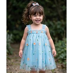 Babyhug Soft Mesh Woven Sleeveless Party Dress With Floral Embroidery - Aqua Blue