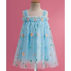 Babyhug Soft Mesh Woven Sleeveless Party Dress With Floral Embroidery - Aqua Blue