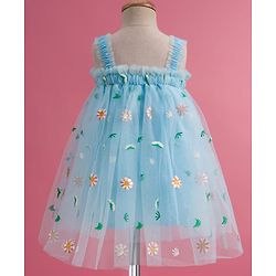 Babyhug Soft Mesh Woven Sleeveless Party Dress With Floral Embroidery - Aqua Blue