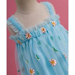 Babyhug Soft Mesh Woven Sleeveless Party Dress With Floral Embroidery - Aqua Blue