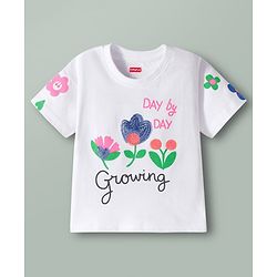 Babyhug Cotton Knit Half Sleeves Oversized T-Shirt with Sequins Detailing & Floral Print - White