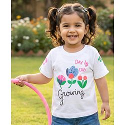 Babyhug Cotton Knit Half Sleeves Oversized T-Shirt with Sequins Detailing & Floral Print - White