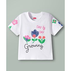 Babyhug Cotton Knit Half Sleeves Oversized T-Shirt with Sequins Detailing & Floral Print - White