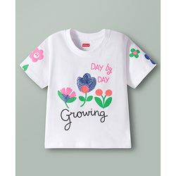 Babyhug Cotton Knit Half Sleeves Oversized T-Shirt with Sequins Detailing & Floral Print - White
