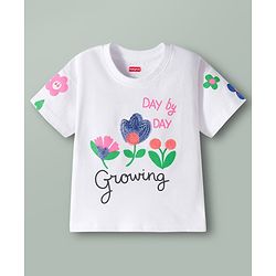 Babyhug Cotton Knit Half Sleeves Oversized T-Shirt with Sequins Detailing & Floral Print - White