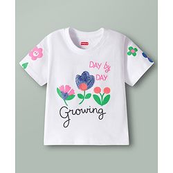Babyhug Cotton Knit Half Sleeves Oversized T-Shirt with Sequins Detailing & Floral Print - White