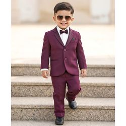 Babyhug Knit Full Sleeves Stretchable Solid 3 Piece Party Suit With Bow -Wine