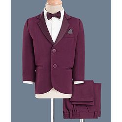 Babyhug Knit Full Sleeves Stretchable Solid 3 Piece Party Suit With Bow -Wine