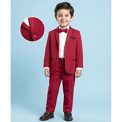 Babyhug Knit Full Sleeves Solid Stretchable 3 Piece Party Suit with Bow - Maroon