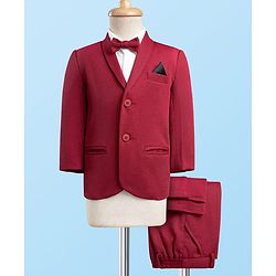 Babyhug Knit Full Sleeves Solid Stretchable 3 Piece Party Suit with Bow - Maroon