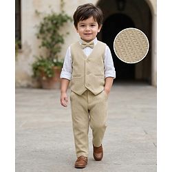 Babyhug Knit Full Sleeves Solid Colour 3 Piece Party Suit with Bow - Beige