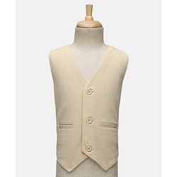 Babyhug Knit Full Sleeves Solid Colour 3 Piece Party Suit with Bow - Beige