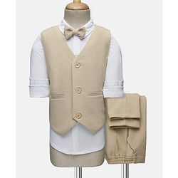 Babyhug Knit Full Sleeves Solid Colour 3 Piece Party Suit with Bow - Beige