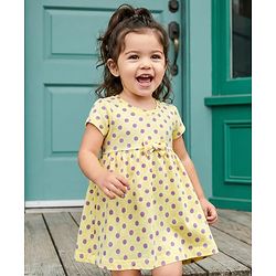 Babyhug 100% Cotton Knit Half Sleeves Polka Dots Printed Frock With Bow Applique - Yellow
