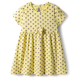 Babyhug 100% Cotton Knit Half Sleeves Polka Dots Printed Frock With Bow Applique - Yellow