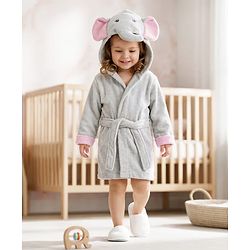 Babyhug Terry Woven Full Sleeves Elephant Hooded Bath Robe - Grey