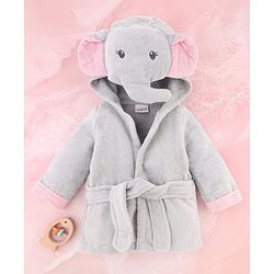 Babyhug Terry Woven Full Sleeves Elephant Hooded Bath Robe - Grey