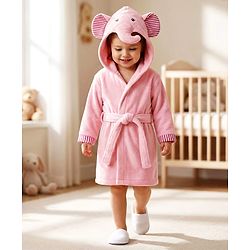 Babyhug Terry Woven Full Sleeves Elephant Hooded Bath Robe - Grey