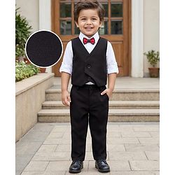 Babyhug Woven Full Sleeves Solid 3 Piece Party Suit With Bow - Black