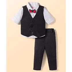 Babyhug Woven Full Sleeves Solid 3 Piece Party Suit With Bow - Black