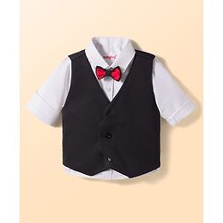Babyhug Woven Full Sleeves Solid 3 Piece Party Suit With Bow - Black