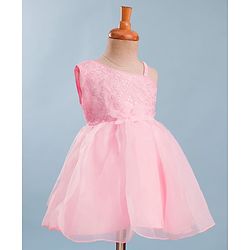 Babyhug Mesh Woven Sleeveless One Shoulder Party Dress With Floral Embroidery & Sequin Detailing - Light Pink