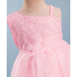 Babyhug Mesh Woven Sleeveless One Shoulder Party Dress With Floral Embroidery & Sequin Detailing - Light Pink