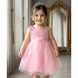 Babyhug Mesh Woven Sleeveless One Shoulder Party Dress With Floral Embroidery & Sequin Detailing - Light Pink