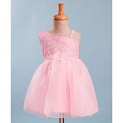Babyhug Mesh Woven Sleeveless One Shoulder Party Dress With Floral Embroidery & Sequin Detailing - Light Pink
