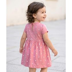 Babyhug Single Jersey Knit Half Sleeves Frock With Polka Dot Print & Bow Applique - Pink