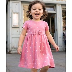 Babyhug Single Jersey Knit Half Sleeves Frock With Polka Dot Print & Bow Applique - Pink