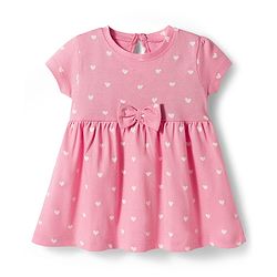 Babyhug Single Jersey Knit Half Sleeves Frock With Polka Dot Print & Bow Applique - Pink