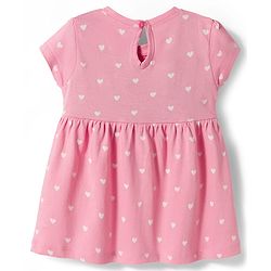 Babyhug Single Jersey Knit Half Sleeves Frock With Polka Dot Print & Bow Applique - Pink