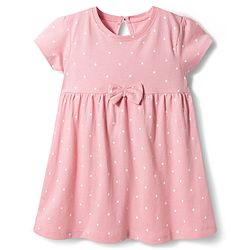 Babyhug Single Jersey Knit Half Sleeves Polka Dots Printed Frock  with Bow Applique - Pink