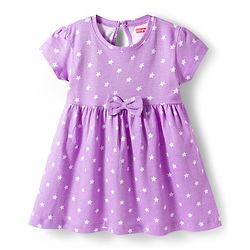 Babyhug 100% Cotton Knit Half Sleeves Star Printed Frock With Bow Applique - Purple