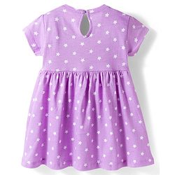 Babyhug 100% Cotton Knit Half Sleeves Star Printed Frock With Bow Applique - Purple