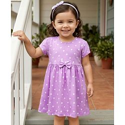 Babyhug 100% Cotton Knit Half Sleeves Star Printed Frock With Bow Applique - Purple