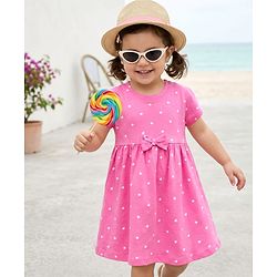 Babyhug 100% Cotton Knit Half Sleeves Hearts Printed Frock With Bow Applique - Pink